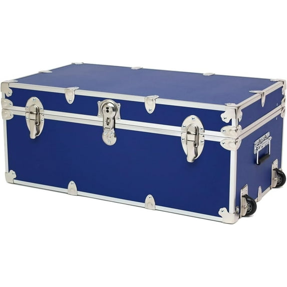 Rhino Trunk & Case Large Essential College Trunk with Wheels - Secure Dorm Storage Chest - Ideal Footlocker for Students - Strong Trunks with 1000+ Pound Sitting Capacity 32"x18"x14" (Royal Blue)