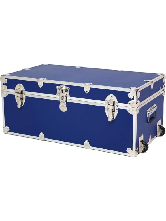 Large Essential College Trunk with Wheels - Secure Dorm Storage Chest - Ideal Footlocker for Students - Strong Trunks with 1000+ Pound Sitting Capacity 32"x18"x14" (Royal Blue)