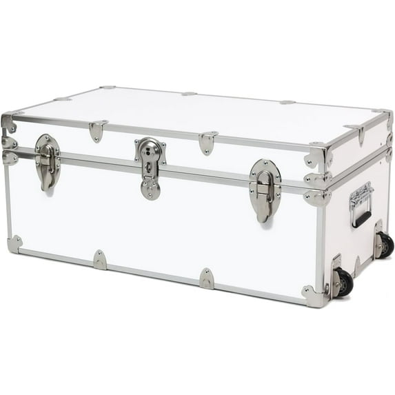 Rhino Trunk & Case Large Essential College Trunk with Wheels - Secure Dorm Storage Chest - Ideal Footlocker for Students - Strong Trunks with 1000+ Pound Sitting Capacity 32"x18"x14" (White)