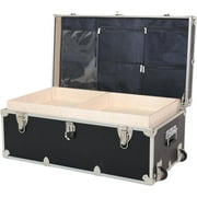 Rhino Trunk & Case Large Essential College Trunk with Wheels, Tray & Lid Organizer, Dorm Storage Chest, Ideal Student Footlocker, Strong Trunks, 1000+ Pound Sitting Capacity 32x18x14 Black