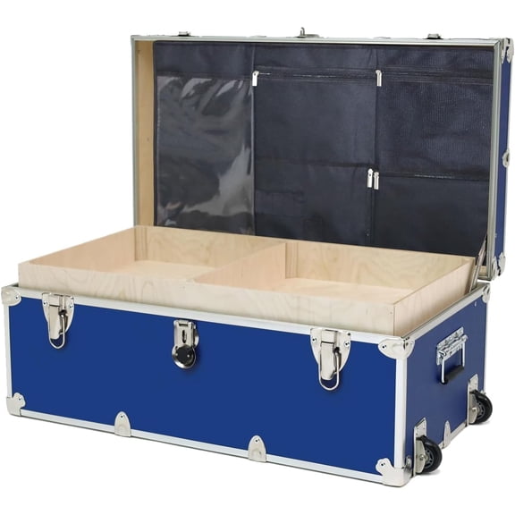 Rhino Trunk & Case Large Essential College Trunk with Wheels, Tray & Lid Organizer, Dorm Storage Chest, Ideal Student Footlocker, Strong Trunks, 1000+ Pound Sitting Capacity 32"x18"x14" (Royal Blue)