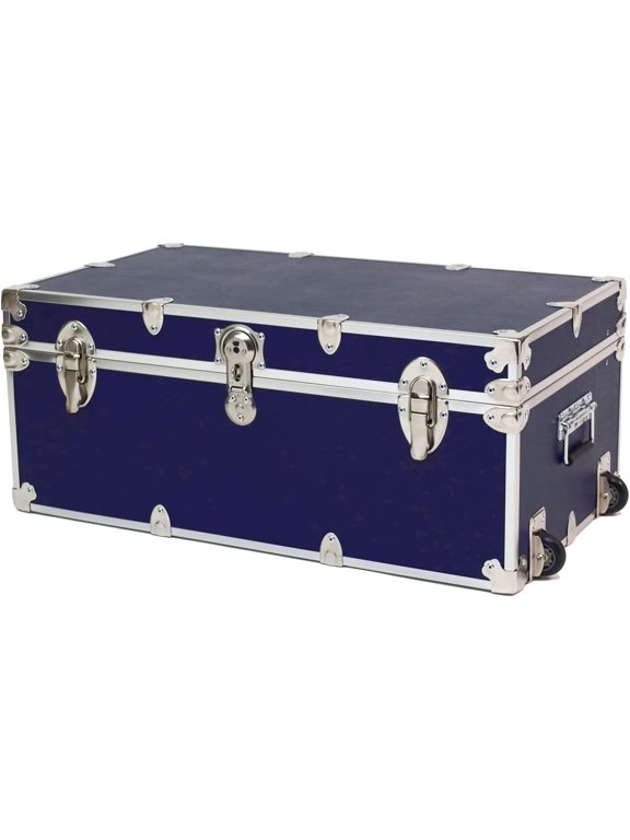 Large Essential Summer Camp Trunk with Wheels - Camping Storage Chest - Ideal Footlocker for Campers - Strong 1000+ Pound Sitting Capacity Trunks 32"x18"x14" (Navy Blue)