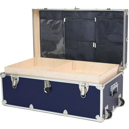 Rhino Trunk & Case Large Essential Summer Camp Trunk with Wheels, Tray & Lid Organizer, Camping Footlocker Storage Chest, Strong 1000+ Pound Sitting Capacity Campers Trunks 32"x18"x14" (Navy Blue)
