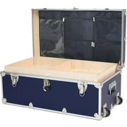 Rhino Trunk & Case Large Essential Summer Camp Trunk with Wheels, Tray & Lid Organizer, Camping Footlocker Storage Chest, Strong 1000+ Pound Sitting Capacity Campers Trunks 32"x18"x14" Navy Blue