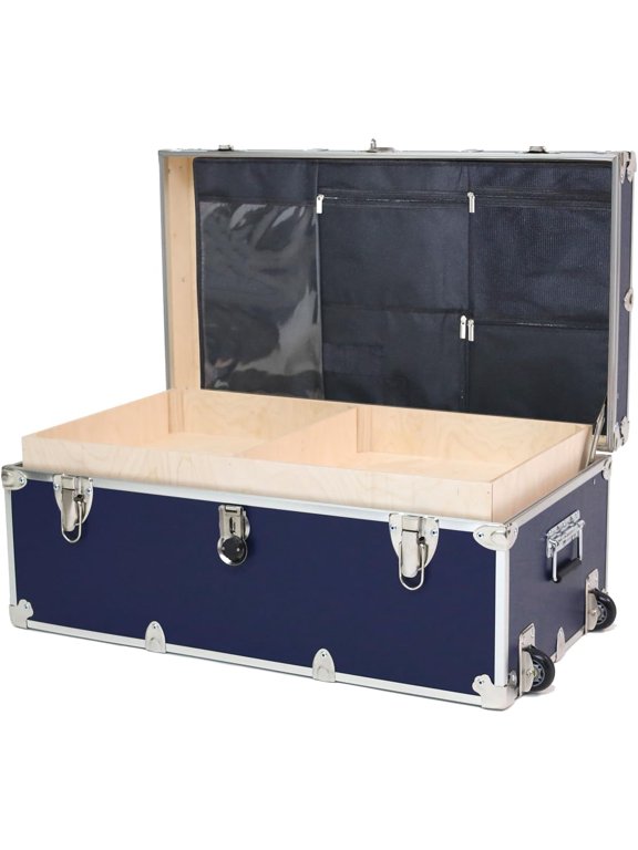 Large Essential Summer Camp Trunk with Wheels, Tray & Lid Organizer, Camping Footlocker Storage Chest, Strong 1000+ Pound Sitting Capacity Campers Trunks 32"x18"x14" (Navy Blue)