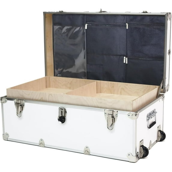 Rhino Trunk & Case Large Essential College Trunk with Wheels, Tray & Lid Organizer, Dorm Storage Chest, Ideal Student Footlocker, Strong Trunks, 1000+ Pound Sitting Capacity 32"x18"x14" (White)