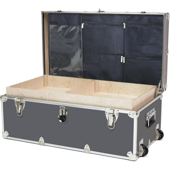 Rhino Trunk & Case Large Essential College Trunk with Wheels, Tray & Lid Organizer, Dorm Storage Chest, Ideal Student Footlocker, Strong Trunks, 1000+ Pound Sitting Capacity 32"x18"x14" (Gray)