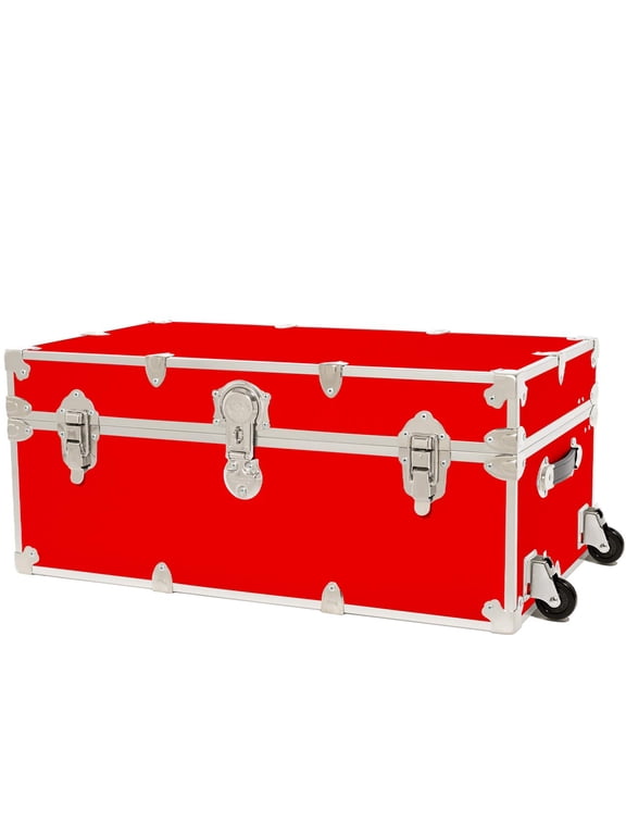 Large Leather Embossed Vinyl Trunk With Removable Wheels, Summer Camp Footlocker, College Dorm Storage Chest, Sportsman Trunks - Seats 1000+ lbs. On Top 32"x18"x14" (Red)