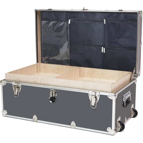 Rhino Trunk & Case Small Essential Summer Camp Trunk with Wheels, Tray & Lid Organizer, Camping Footlocker Storage Chest, Strong 1000+ Pound Sitting Capacity Campers Trunks 30"x17"x13" (Gray)