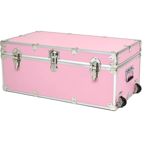 Rhino Trunk & Case Small Essential Summer Camp Trunk with Wheels - Camping Storage Chest - Ideal Footlocker for Campers - Strong 1000+ Pound Sitting Capacity Trunks 30"x17"x13" (Pink)