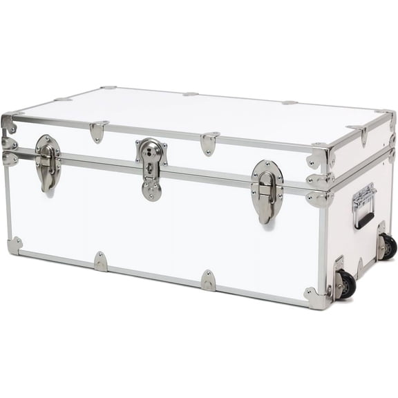 Rhino Trunk & Case Small Essential College Trunk with Wheels - Secure Dorm Storage Chest - Ideal Footlocker for Students - Strong Trunks with 1000+ Pound Sitting Capacity 30"x17"x13" (White)
