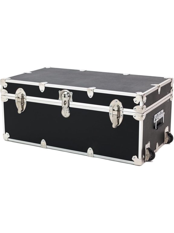 Small Essential Summer Camp Trunk with Wheels - Camping Storage Chest - Ideal Footlocker for Campers - Strong 1000+ Pound Sitting Capacity Trunks 30"x17"x13" (Black)
