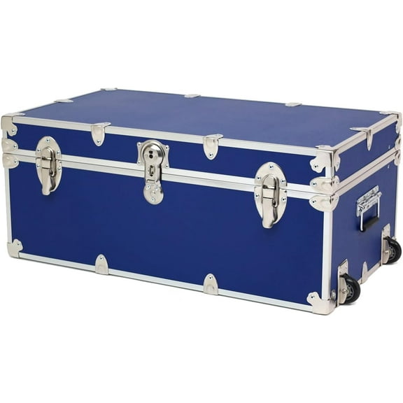 Rhino Trunk & Case Small Essential Summer Camp Trunk with Wheels - Camping Storage Chest - Ideal Footlocker for Campers - Strong 1000+ Pound Sitting Capacity Trunks 30"x17"x13" (Royal Blue)
