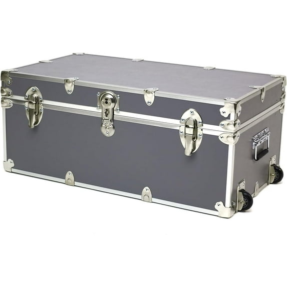 Rhino Trunk & Case Small Essential College Trunk with Wheels - Secure Dorm Storage Chest - Ideal Footlocker for Students - Strong Trunks with 1000+ Pound Sitting Capacity 30"x17"x13" (Gray)