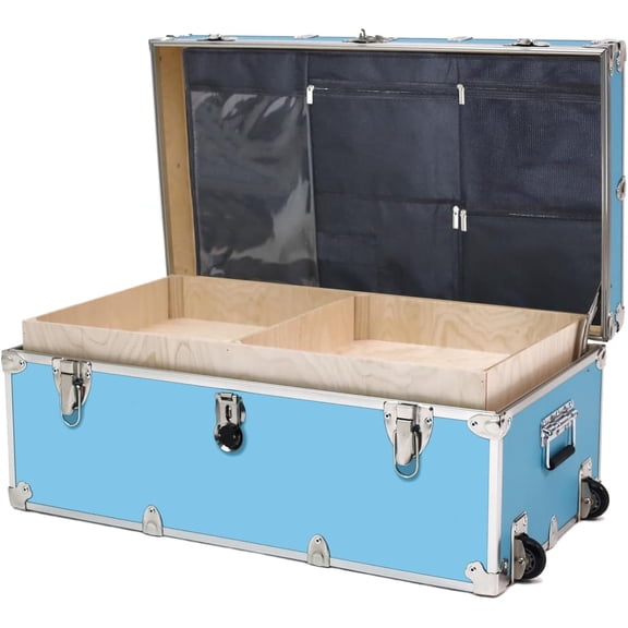 Rhino Trunk & Case Small Essential Summer Camp Trunk with Wheels, Tray & Lid Organizer, Camping Footlocker Storage Chest, Strong 1000+ Pound Sitting Capacity Campers Trunks 30"x17"x13" (Sky Blue)