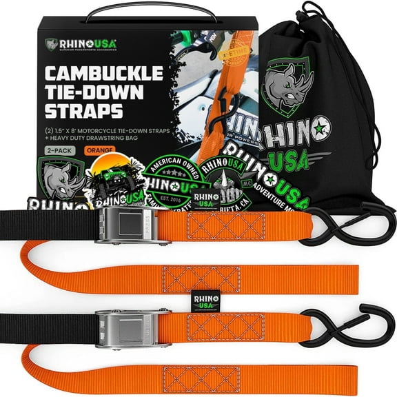 Rhino USA Motorcycle Tie Down Straps (2 Pack) Lab Inspected 2,200lb Break Strength, Steel Cambuckle Tiedown Set with Integrated Soft Loops