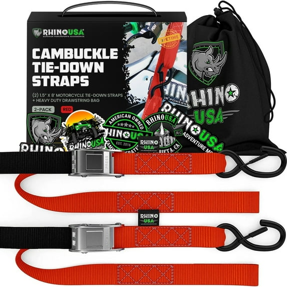 Rhino USA Motorcycle Tie Down Straps (2 Pack) Lab Inspected 2,200lb Break Strength, Steel Cambuckle Tiedown Set with Integrated Soft Loops