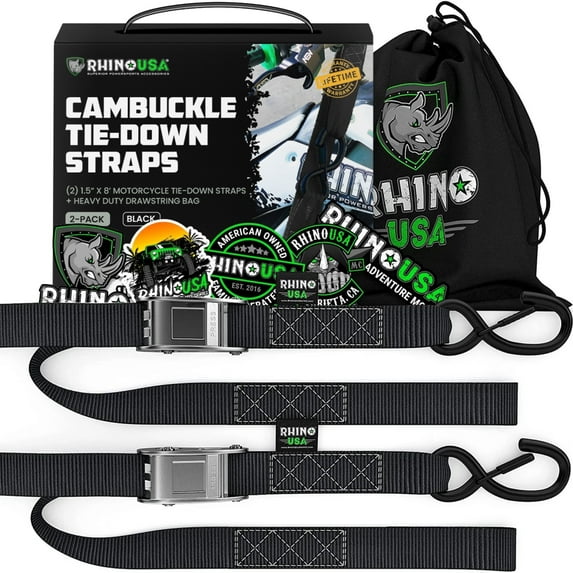 Rhino USA Motorcycle Tie Down Strap 3,328lb Break Strength - Steel Cambuckle Tiedown Set - Black 2pc