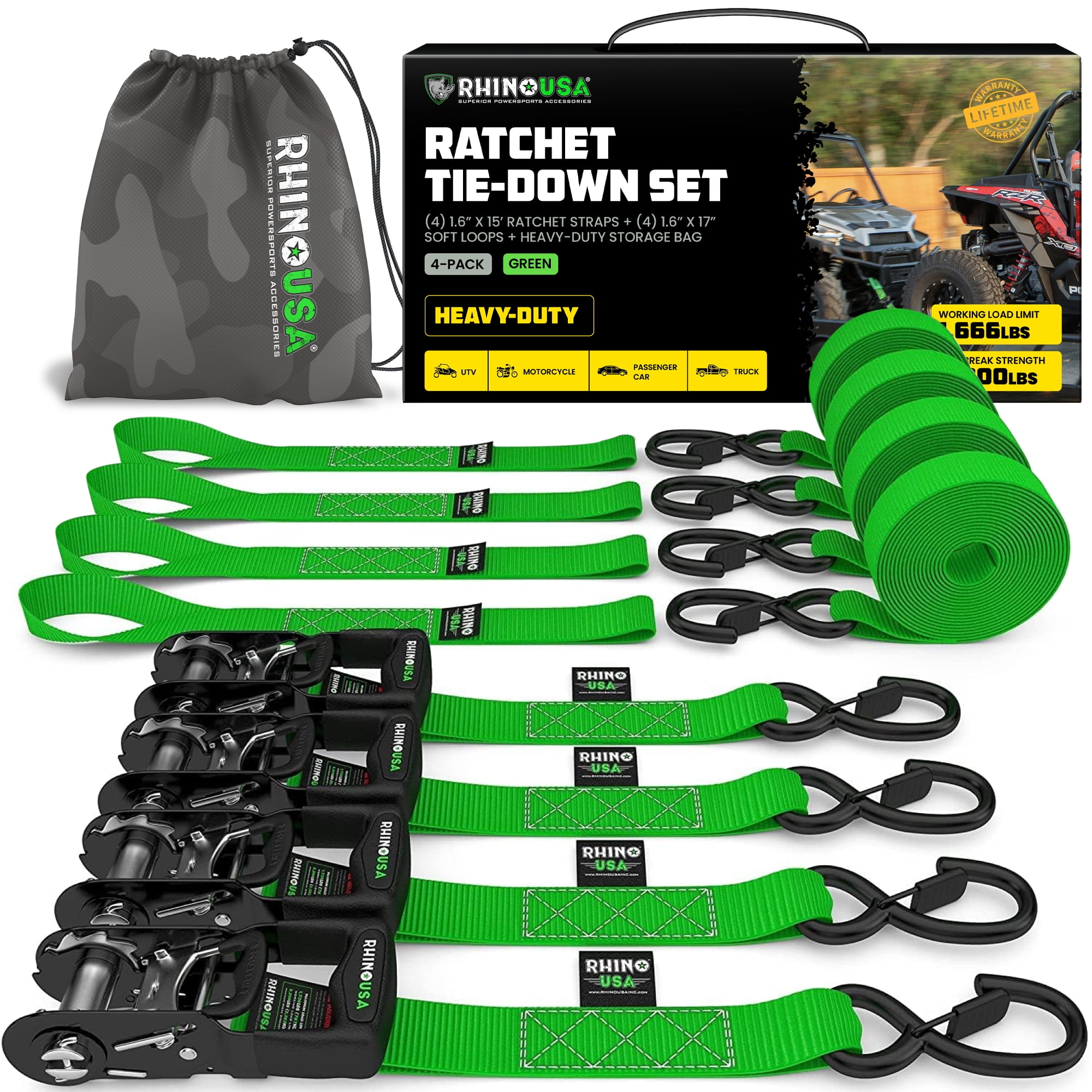 Rhino USA 1.6" x 15' Ratchet Strap Heavy Duty Kit w/ Safety S Hooks - 5,208lb Break Strength (Green 4pc)
