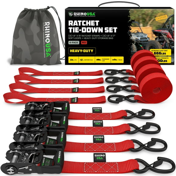 Rhino USA 1.6" x 15' Ratchet Strap Heavy Duty Kit w/ Safety S Hooks - 5,208lb Break Strength (Red 4pc)