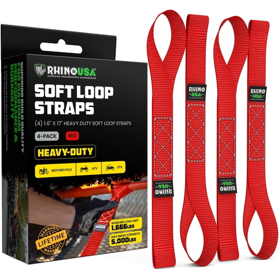 Rhino USA Heavy Duty 1.6 x 17 inch Soft Loop Tie Down Straps - 5,000 lbs Break Strength (Red 4pack)