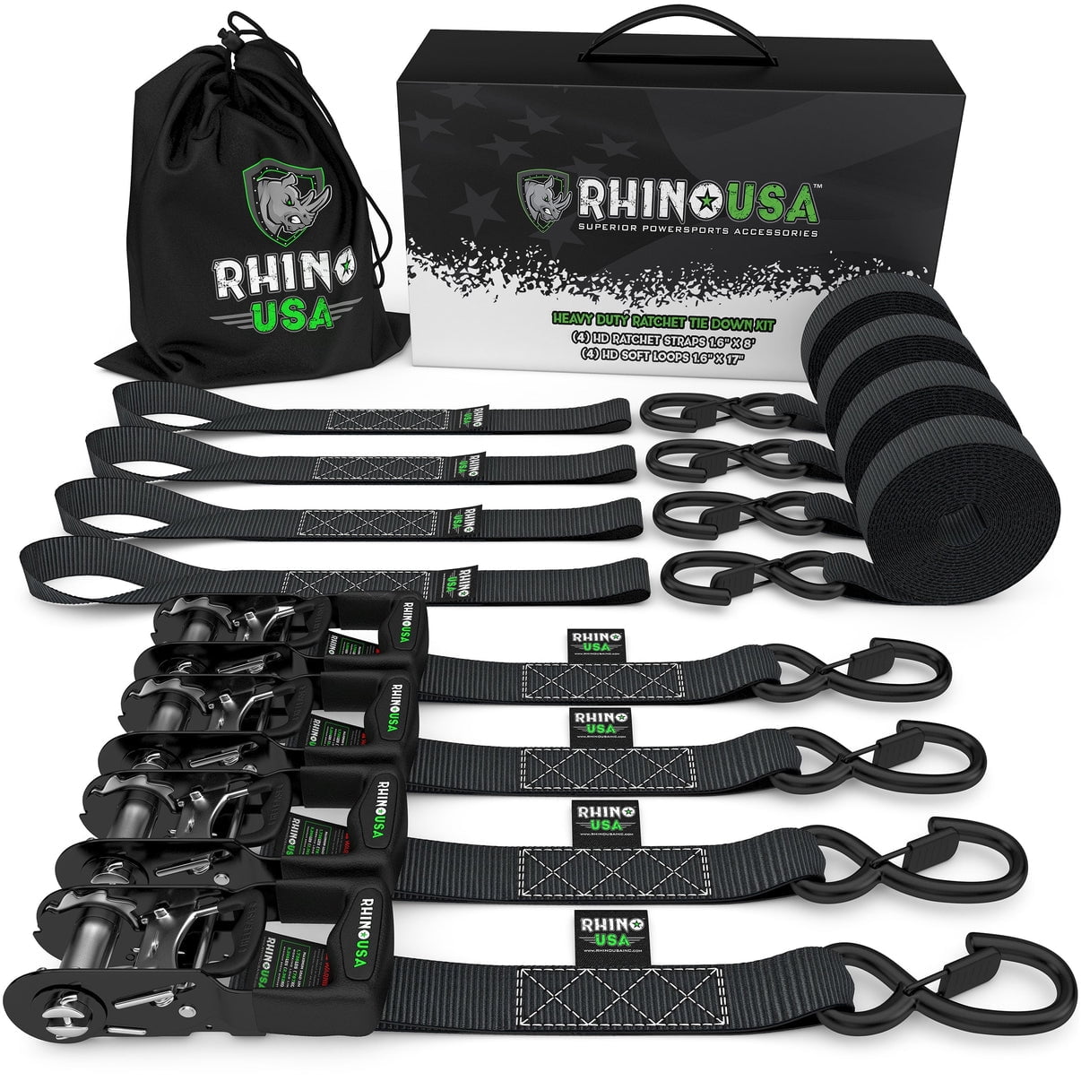 Rhino USA 1.6 x 8' HD Ratchet Tie-Down Set (4-Pack) - 5,208lbs Break  Strength (5in H, 10 lb) 