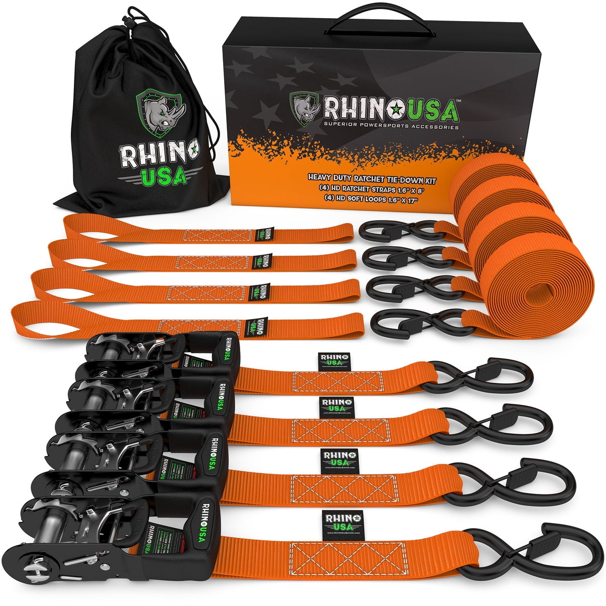 Rhino USA 1.6 x 8 HD Ratchet Tie-Down Set 4-Pack - 5,208lbs Break Strength 5in H, 10 lb