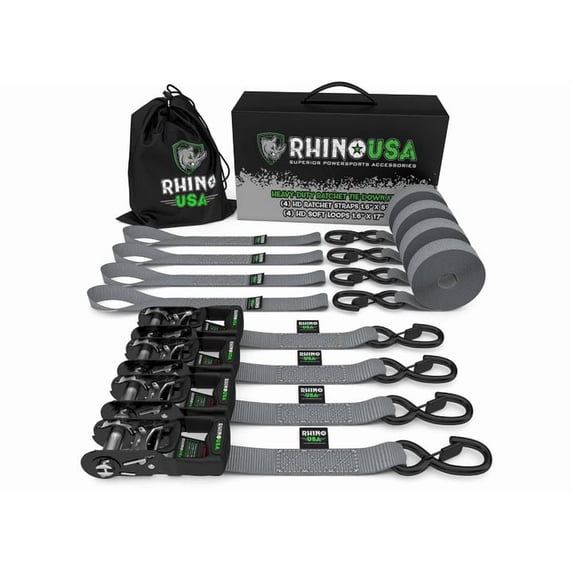 Rhino USA Heavy Duty Ratchet Tie-Down 4-Pack (Gray) 1.6In X 8Ft