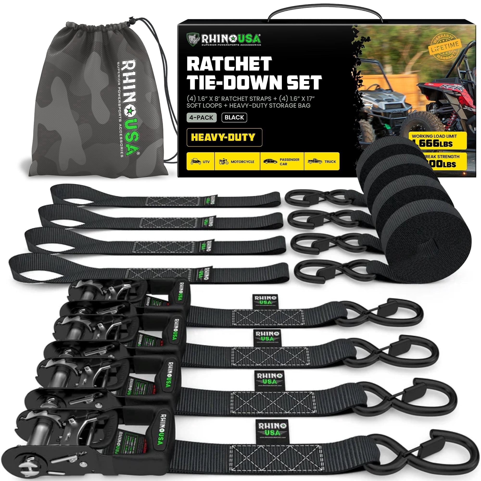Rhino USA 1.6" x 8' Heavy Duty Ratchet Tie-Down Set with S Hooks - 5,208lb Break Strength (Black 4pc)