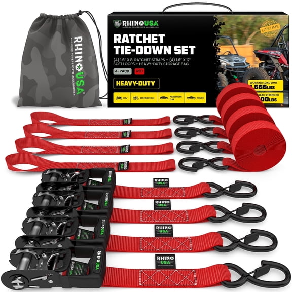 Rhino USA 1.6" x 8' Heavy Duty Ratchet Tie-Down Set with S Hooks - 5,208lb Break Strength (Red 4pc)