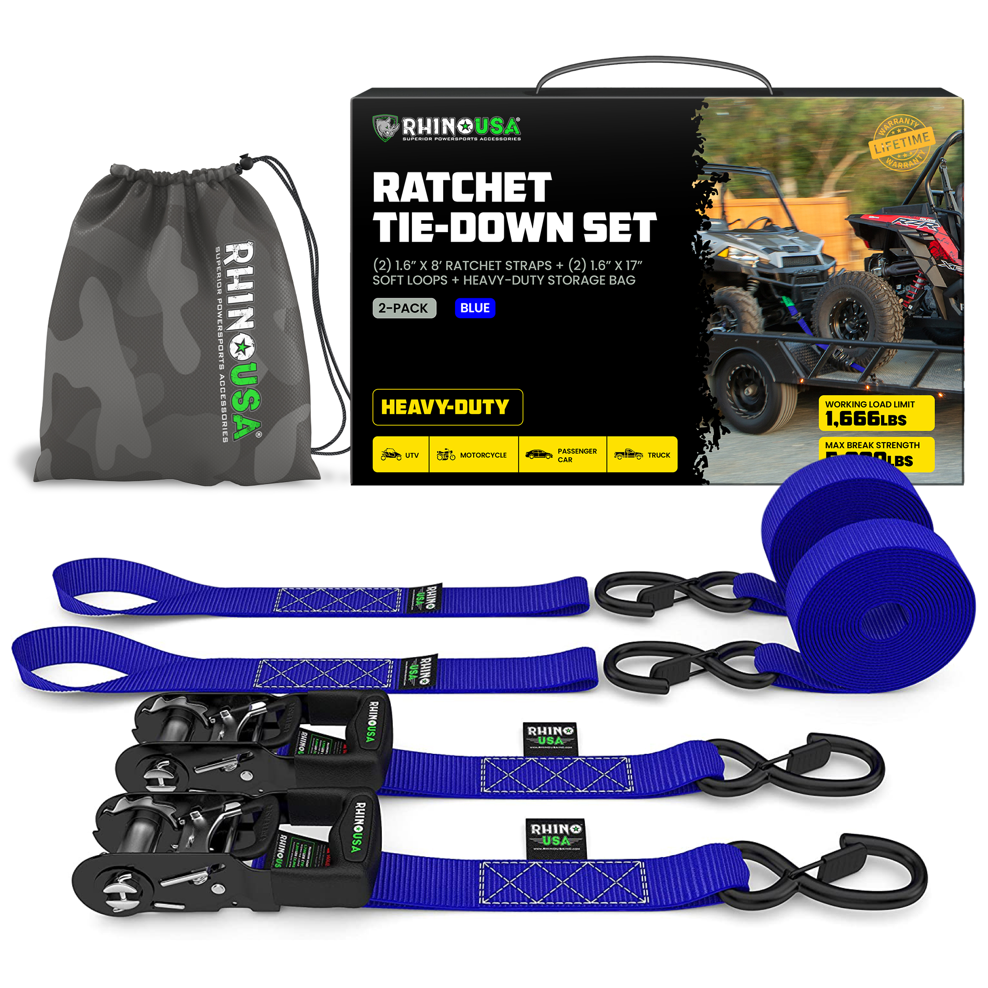 Juego de correas tensoras de trinquete Rhino USA 1.6" x 8' resistentes con ganchos S - 5,208 lb de resistencia a la rotura (azul, 2 piezas)