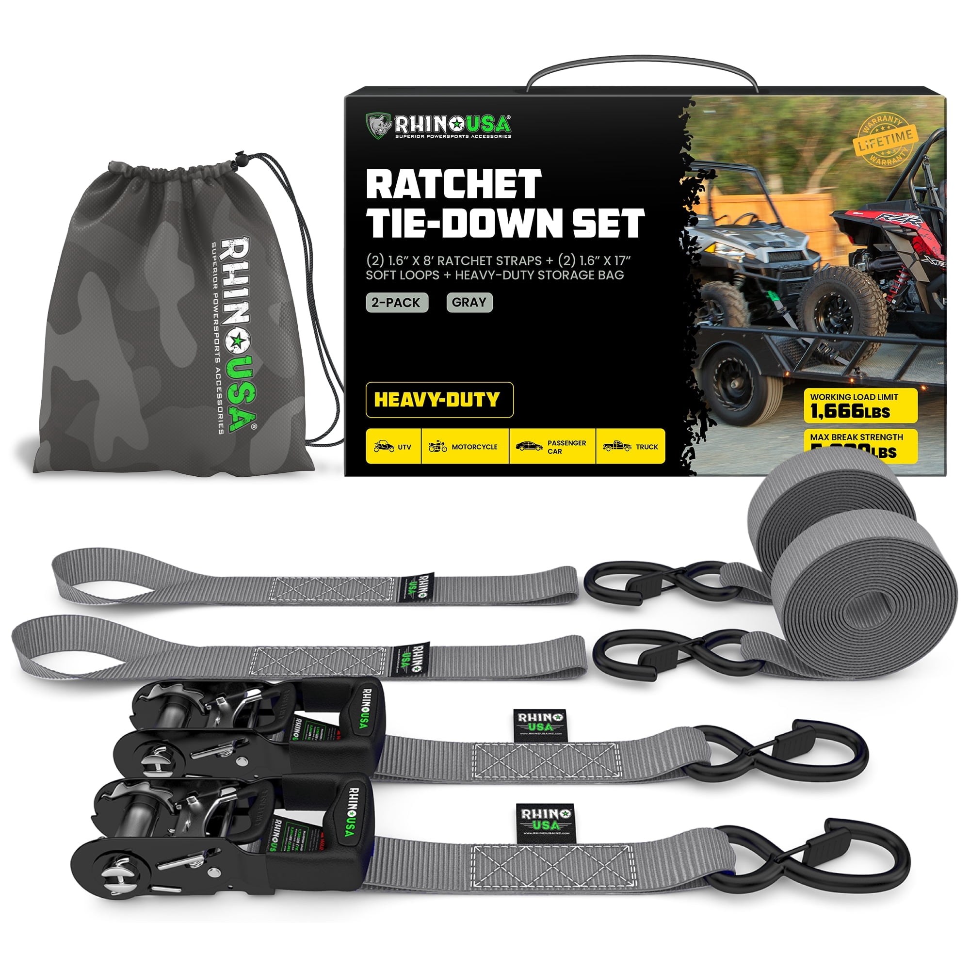 Rhino USA 1.6" x 8' Heavy Duty Ratchet Tie-Down Set with S Hooks - 5,208lb Break Strength (Gray 2pc)
