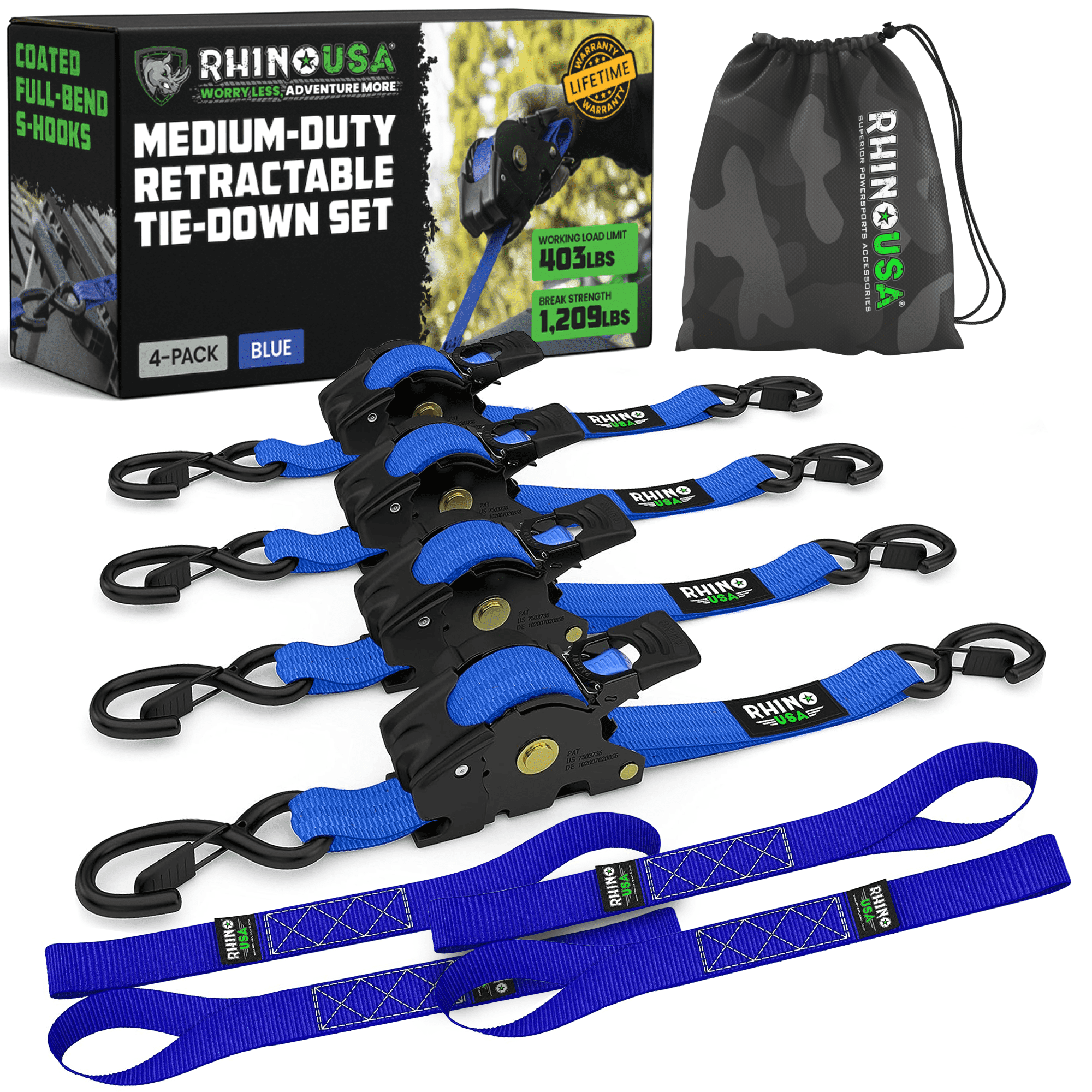 Rhino USA 1" x 10' Retractable Ratchet Straps 1,209lb Break Strength (Blue 2-Pack)
