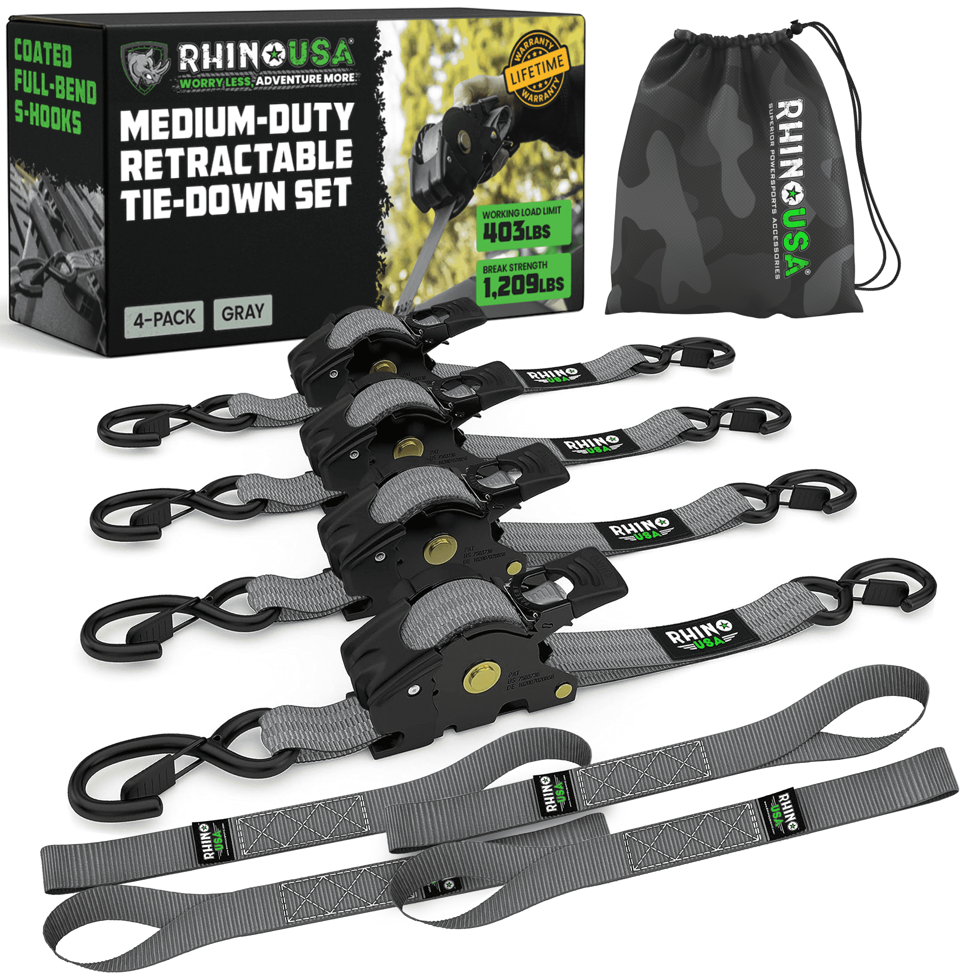 Rhino USA 1" x 10' Retractable Ratchet Straps 1,209lb Break Strength (Gray 4-Pack)