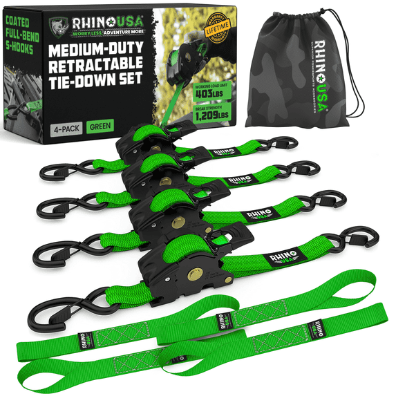 Rhino USA 1" x 10' Retractable Ratchet Straps 1,209lb Break Strength (Green 4-Pack)