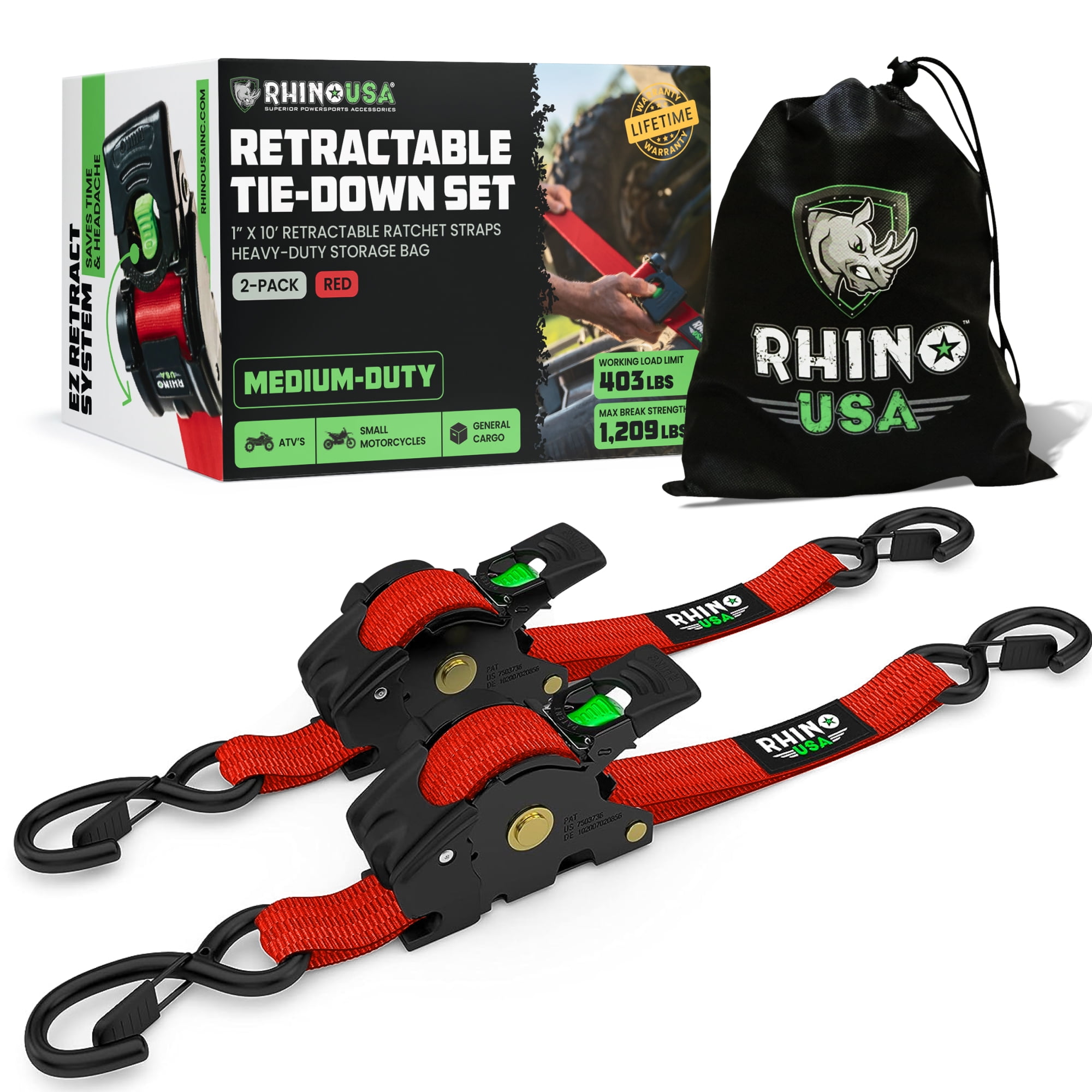 USA Based Retractable Ratchet Straps (2PK) 1in X 16ft - 1,500lb