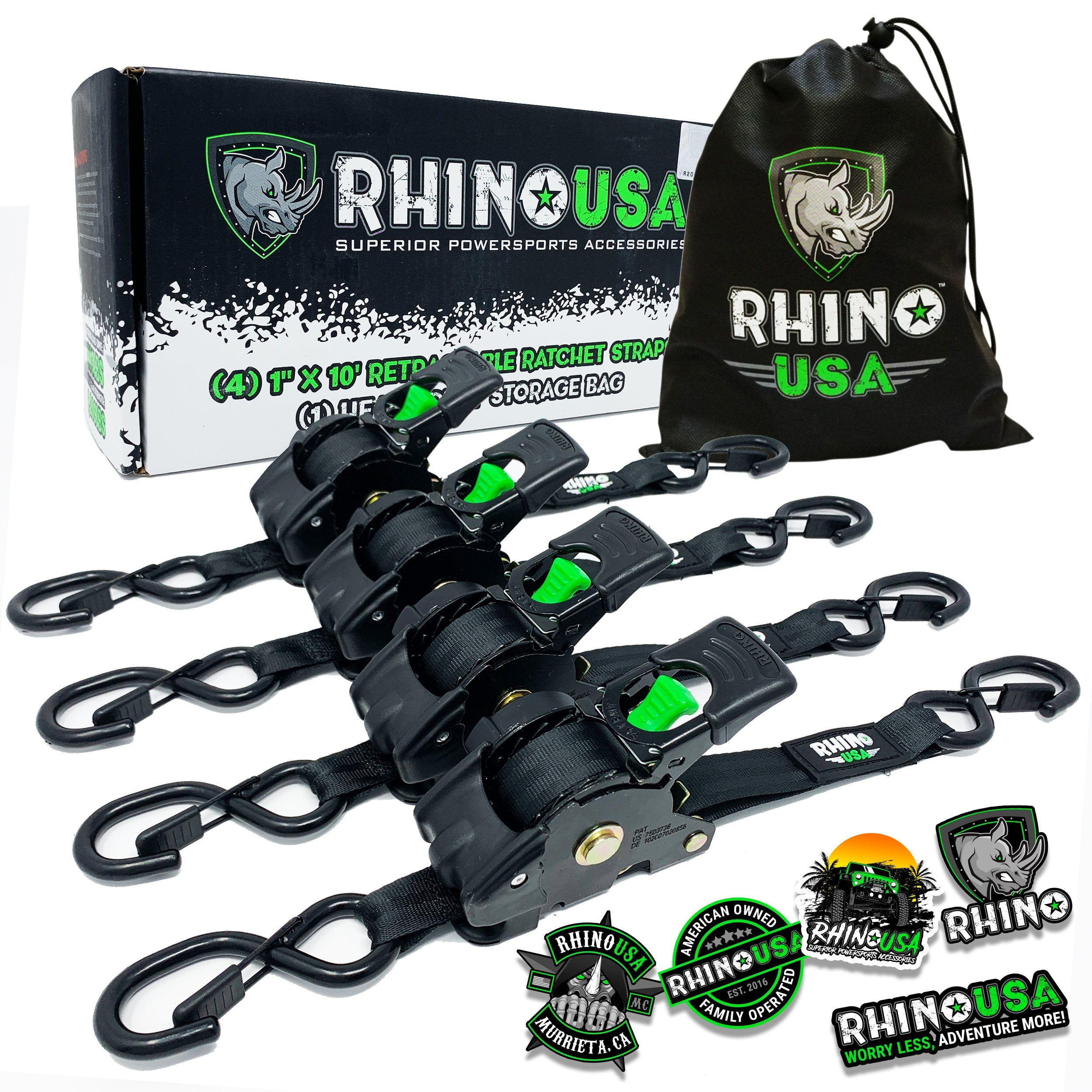 Rhino USA, Inc. 1 x 10' Retractable Ratchet Straps - 4-Pack