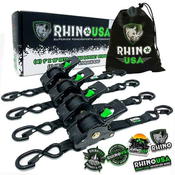 Rhino USA 1" x 10' Retractable Ratchet Straps (4Pack) 1,209lb Max