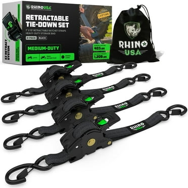 Rhino USA Heavy Duty 1" x 10' Retractable Ratchet Straps 1,209lb Break Strength (Black 4-Pack)