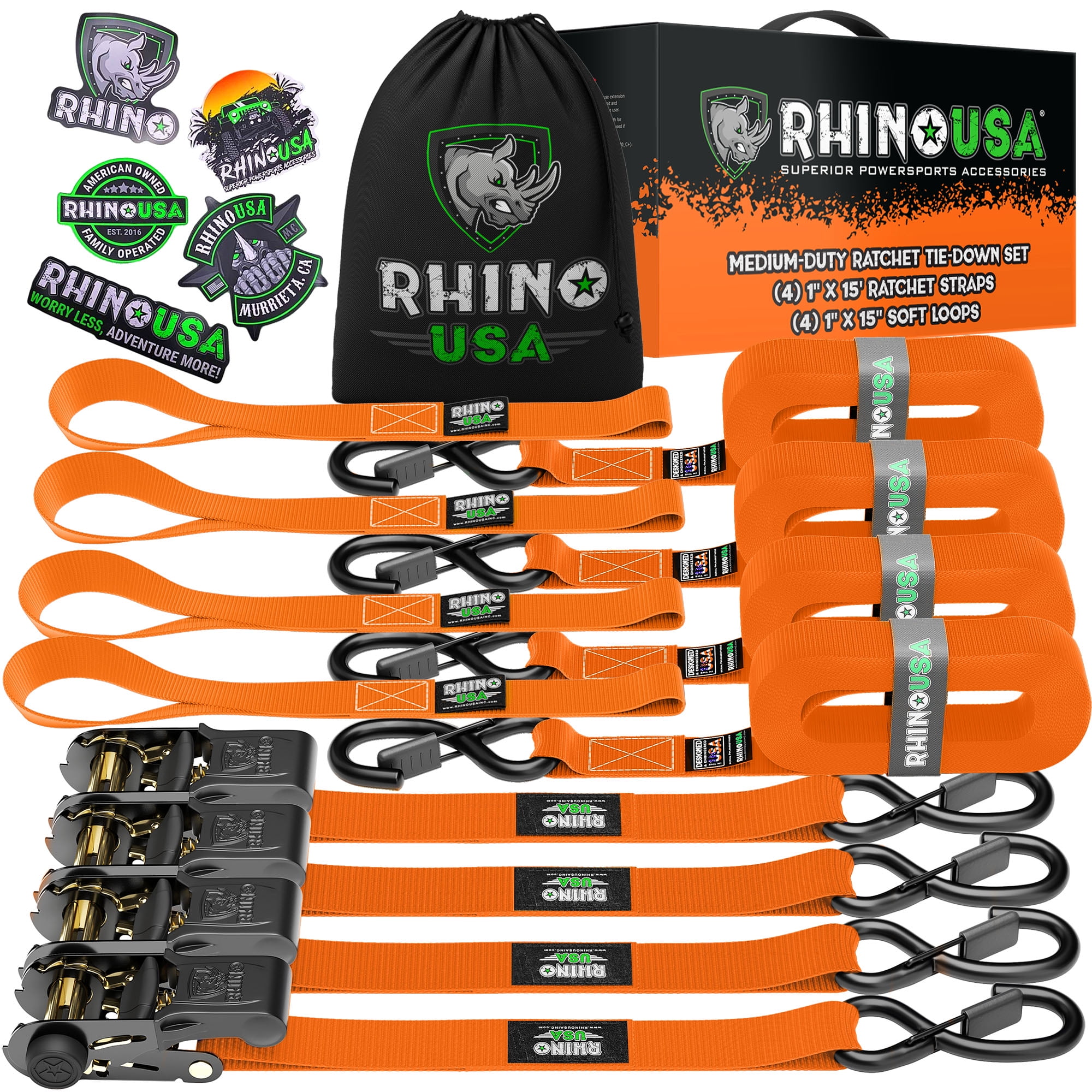 Rhino USA 1 x 15' HD Ratchet Tie-Down Set (4-Pack) - 1,823lb Max Break  Strength (4in H, 5 lb) 