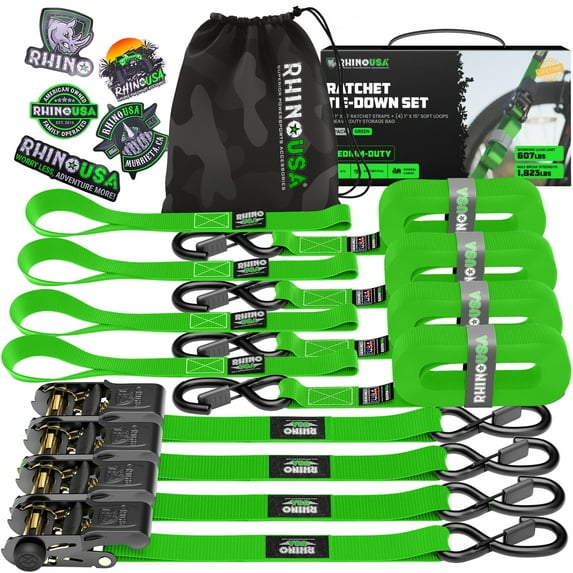 Rhino USA 1" x 15' Ratchet Strap Tie Down with Safety S Hook - 1,823lb Break Strength (Green 4-Pack)