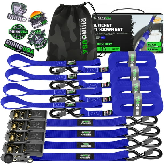 Rhino USA 1" x 15' Ratchet Strap Tie Down with Safety S Hooks - 1,823lb Break Strength (Blue 4-Pack)