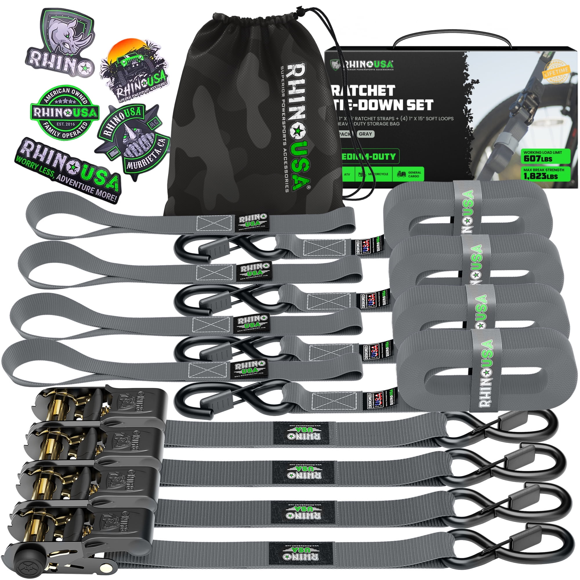 Gray Medium-Duty Ratchet Tie Down Straps with Safety S Hooks, 4-Pack