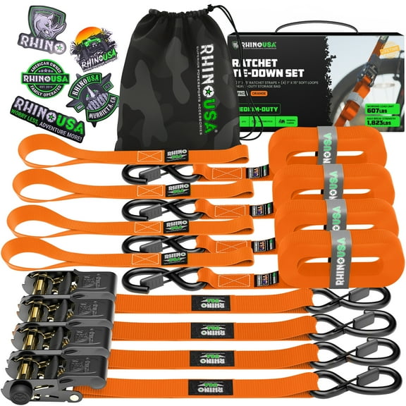 Rhino USA 1" x 15' Ratchet Strap Tie Down with Safety S Hooks- 1,823lb Break Strength - Orange 4 Pack