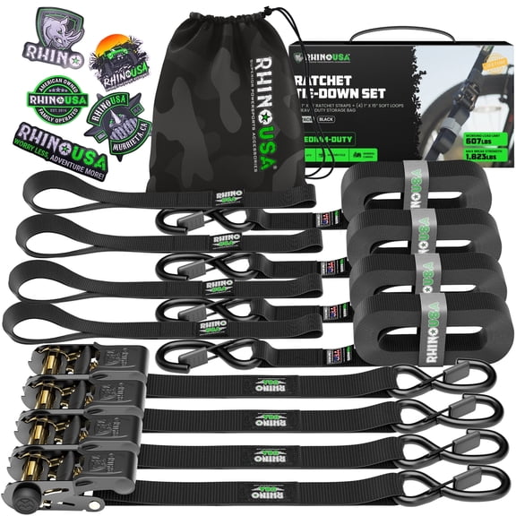 Rhino USA 1" x 15' Ratchet Straps Tie Down Straps w/ S Hooks - 1,823lb Break Strength - Black 4 Pack