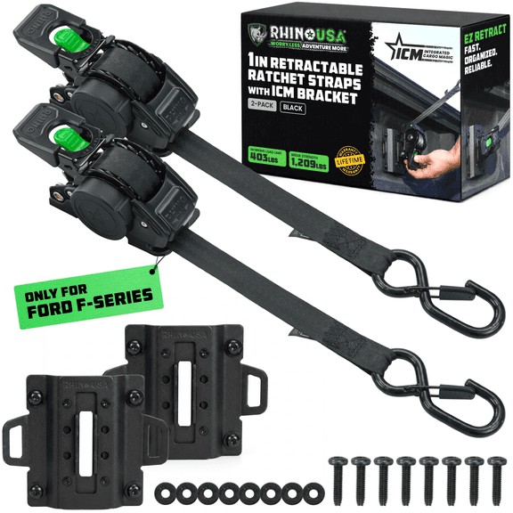 Rhino USA 1"x9' Integrated Bed-Mounted (FORD ONLY) Retractable Ratchet Straps - Ford Trucks (2015+ F-150 & 2017+ F-250)  BoxLink Compatible, Removable, 360 Swivel, Heavy-Duty Tie Downs