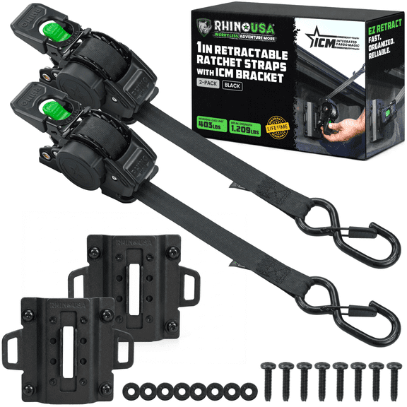 Rhino USA 1"x10' Integrated Bed-Mounted (FORD ONLY) Retractable Ratchet Straps - Ford Trucks (2015+ F-150 & 2017+ F-250) BoxLink Compatible, Removable, 360 Swivel, Heavy-Duty Tie Downs