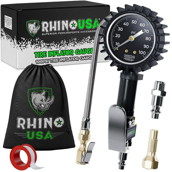 Rhino USA Tire Inflator with Pressure Gauge (0-100 PSI) - ANSI B40.1 Accurate, Large 2" Glow Dial