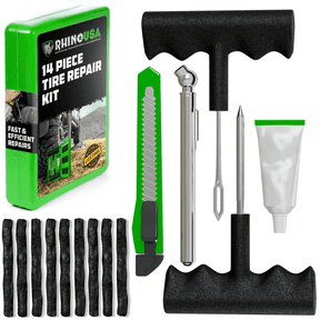 Rhino USA Tire Repair Kit (14-Piece) Professional Heavy Duty Tire Plug Kit to Fix Punctures & Patch Flats with Ease - Ultimate Tubeless Tire Repair Tools for Car, Motorcycle, ATV, UTV, RV and Trailer