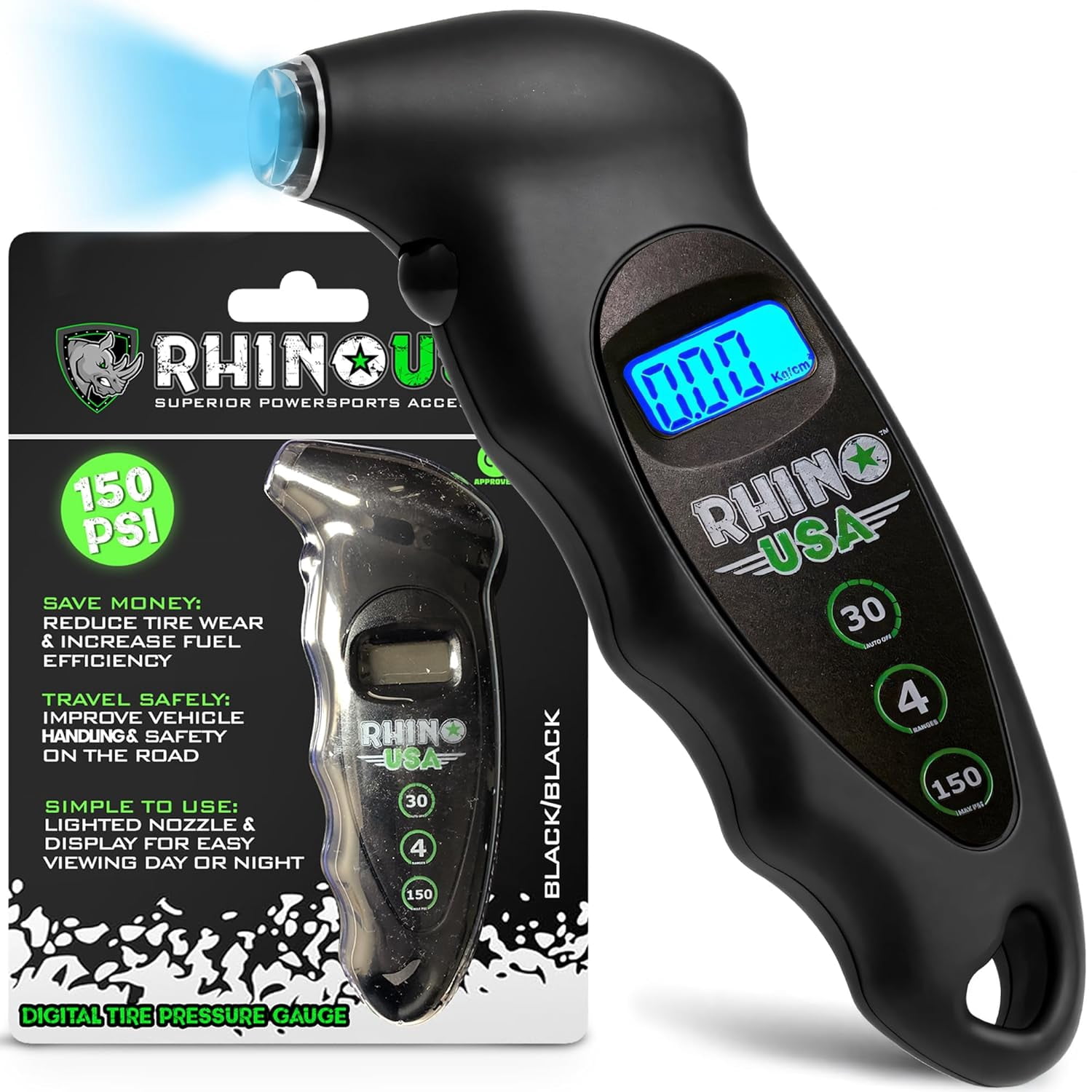 Rhino USA Digital Tire Pressure Gauge 150 PSI, 4 Ranges, Ergonomic Design w/Lighted Nozzle & LCD Backlit Display